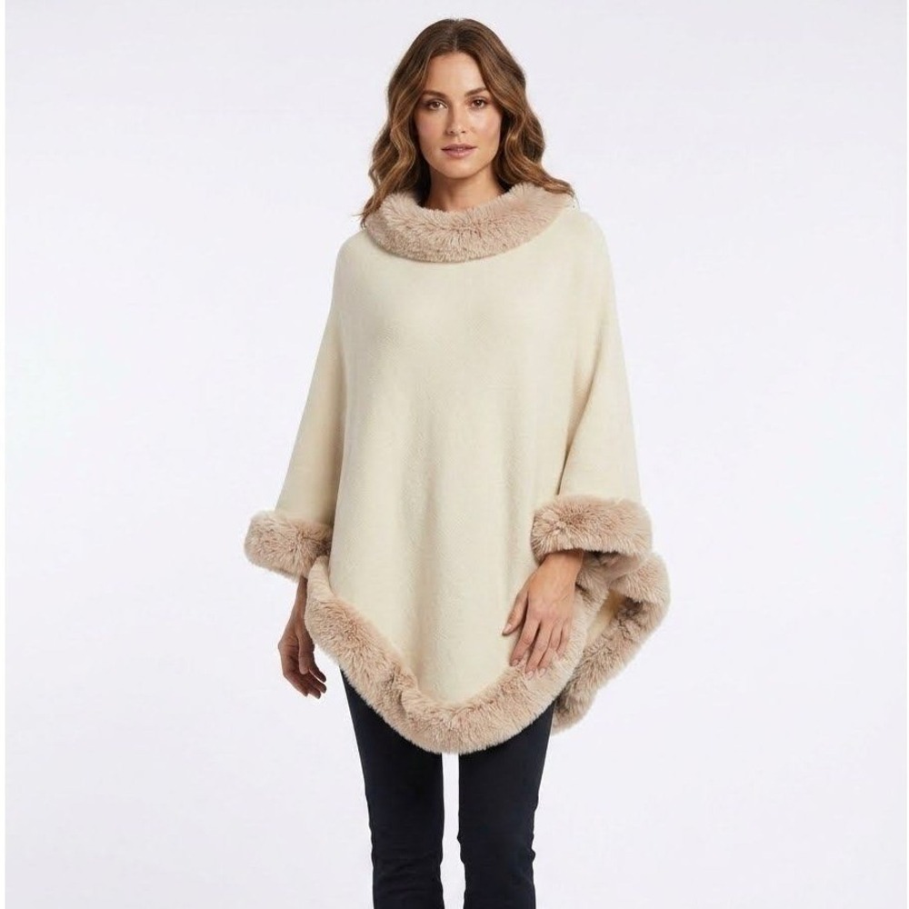 Wbgfashion | Women Cream Knit Faux Fur Trim Cape Poncho Wrap Ivory | One‎ Size